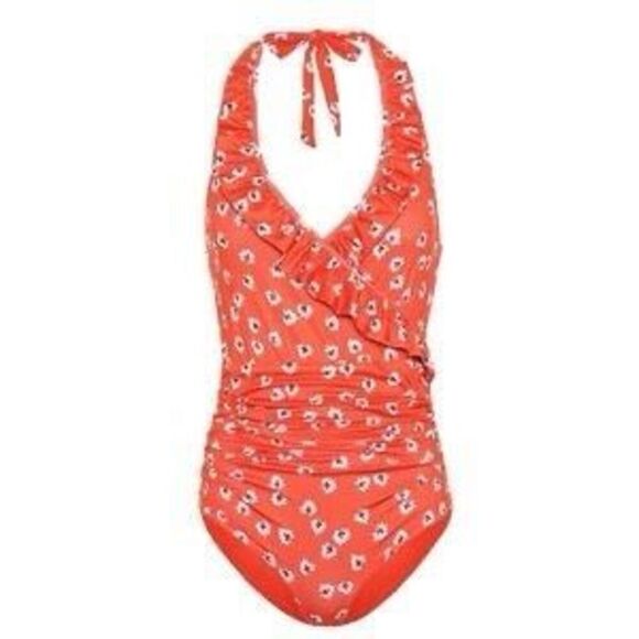 NEW COLUMBINE WRAP-EFFECT FLORAL-PRINT HALTERNECK SWIMSUIT IN TOMATO RED 38/M/6 - Picture 2 of 8